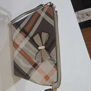 Plaid Bow Accent Wristlet Clutch - Beige Brown Orange